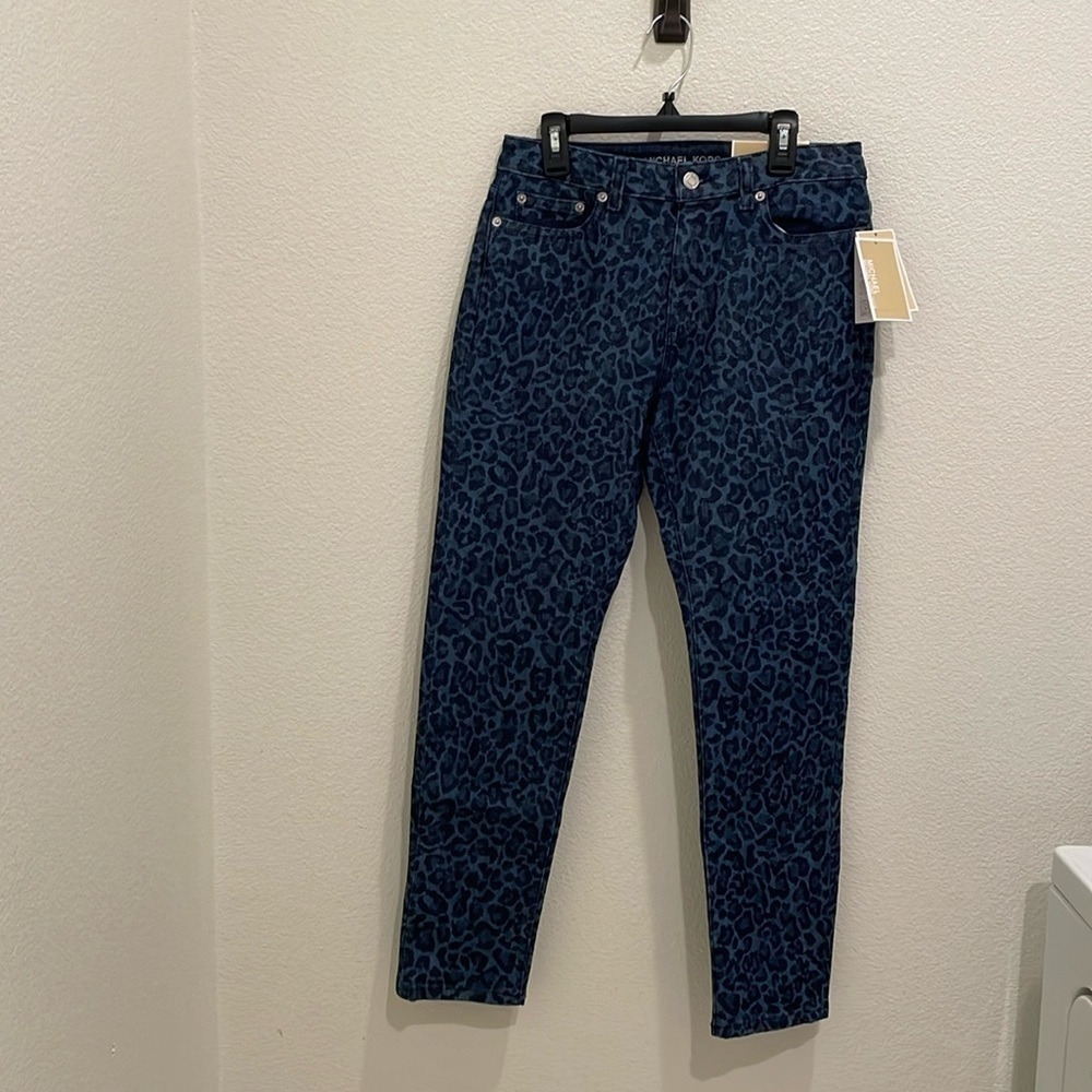 NWT Michael Kors Womens Blue High-Rise Skinny Leopard Denim Jeans Pants Size 6 P - Picture 3 of 13